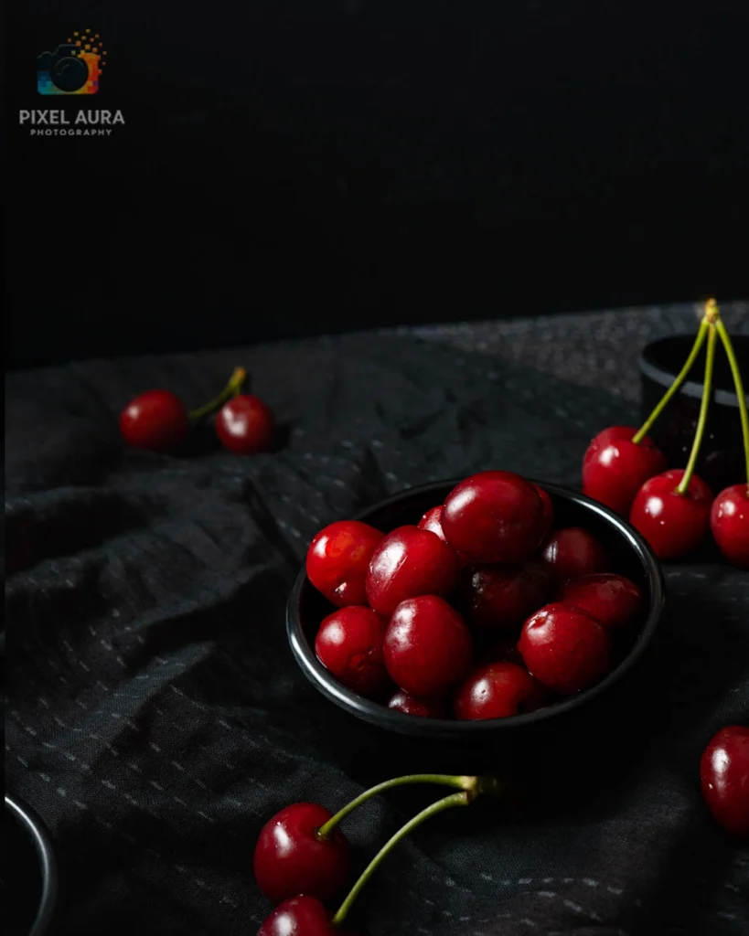 Fresh cherries styled for food photography