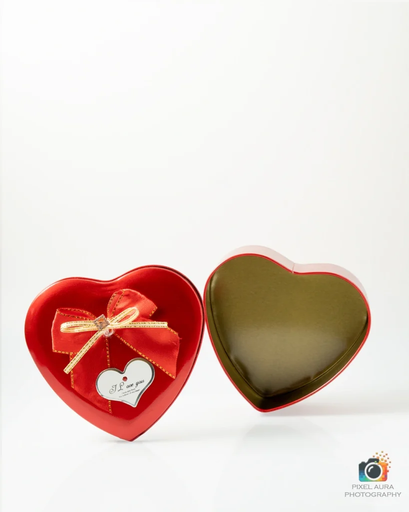 Red heart-shaped gift boxes styled for product photography